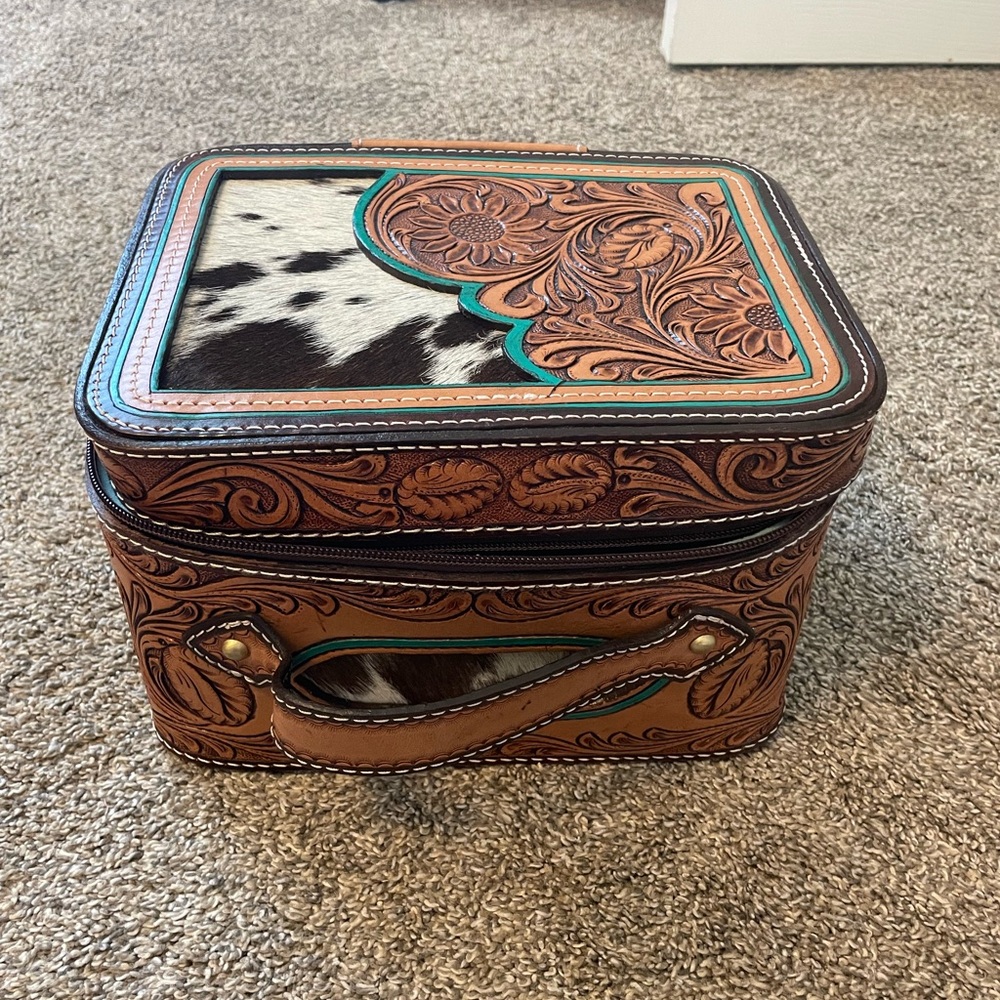American Darling Leather Tooled Cowhide Jewelry Suitcase